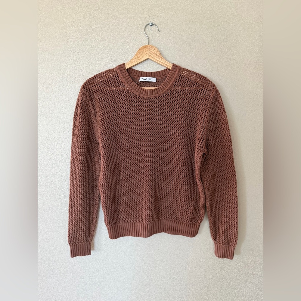 TNA Aritzia Alameda Women's Classy Brown Open Knit Crew Neck Sweater Size XS